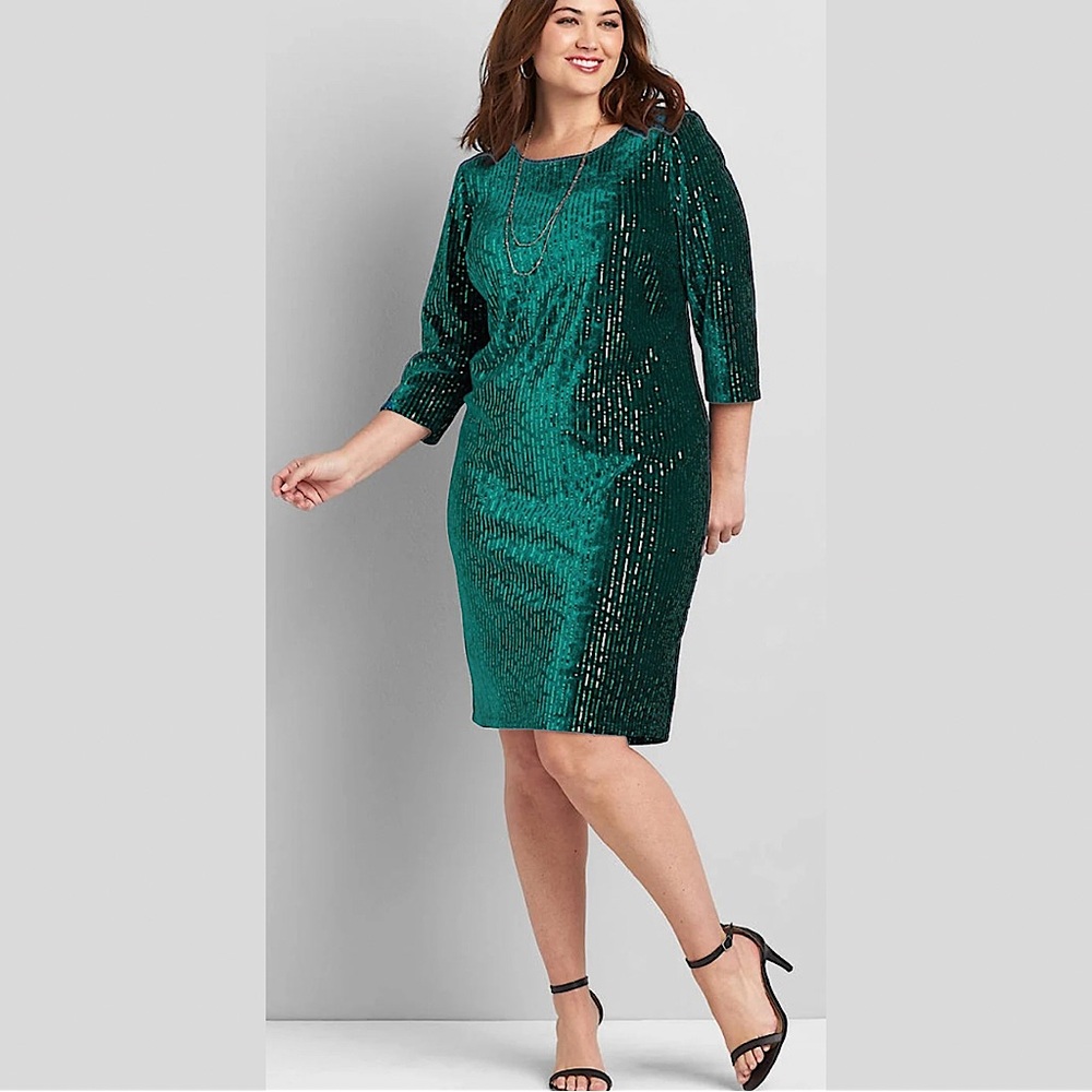 Lane Bryant Velvet Sequin Shift Dress - 3/4 Sleeve - Emerald Green - 18